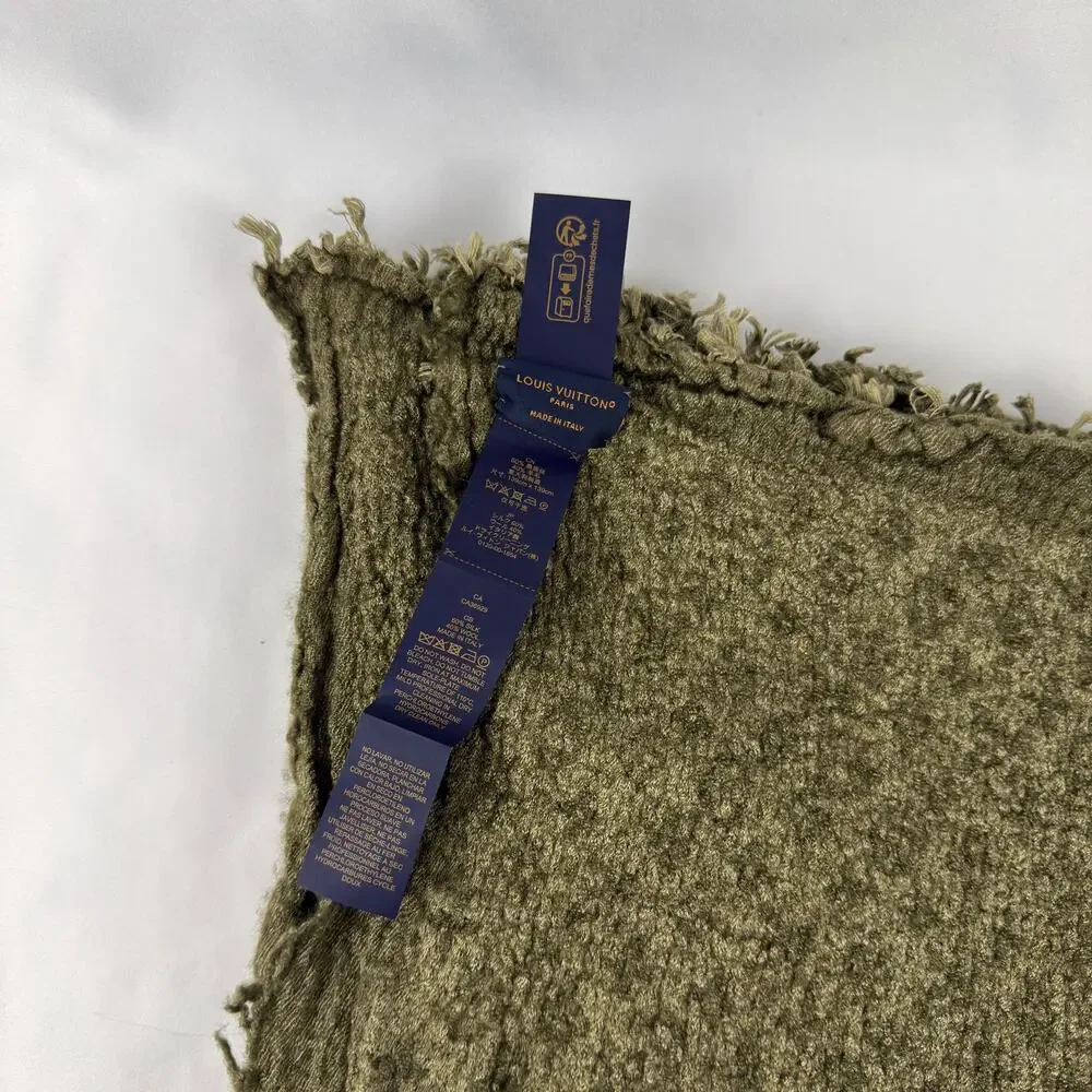 Louis Vuitton Khaki Green Monogram Shawl Silk Wool Fringe Made in Italy